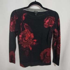 Talbots Petites Black Wool Sweater with Deep Red Floral Design. Size SP